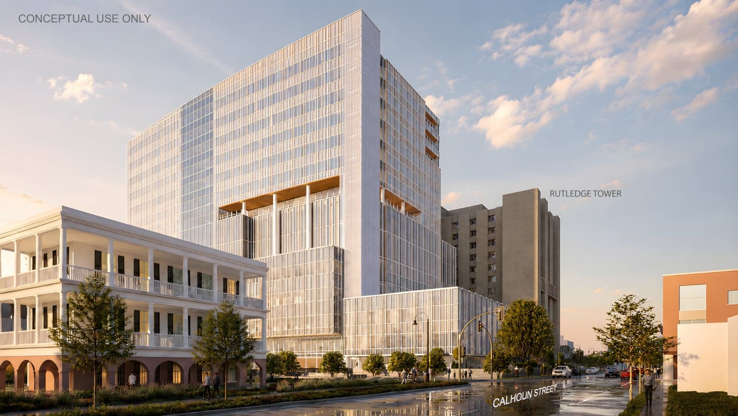 Rendering of new cancer hospital from Calhoun Street. Conceptual use only.